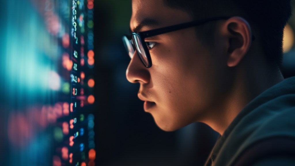 Man with glasses pouring over code on a monitor