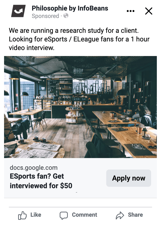 Sample Facebook ad for recruiting a user