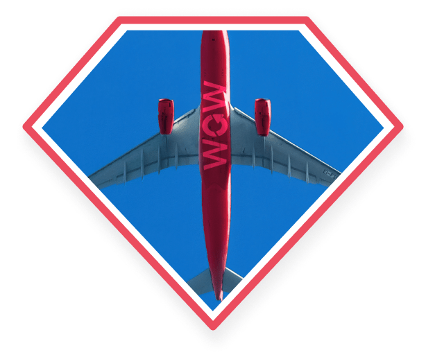 bottom view of aeroplane with WOW written on it