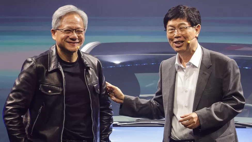 Nvidia chief executive Jensen Huang and Foxconn chairman Young Liu making AI factory announcement